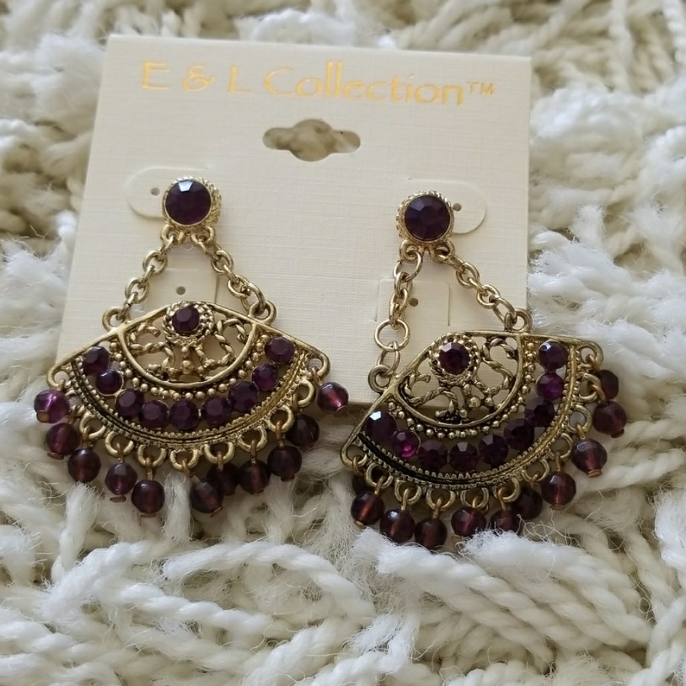 Purple and gold dangle earrings